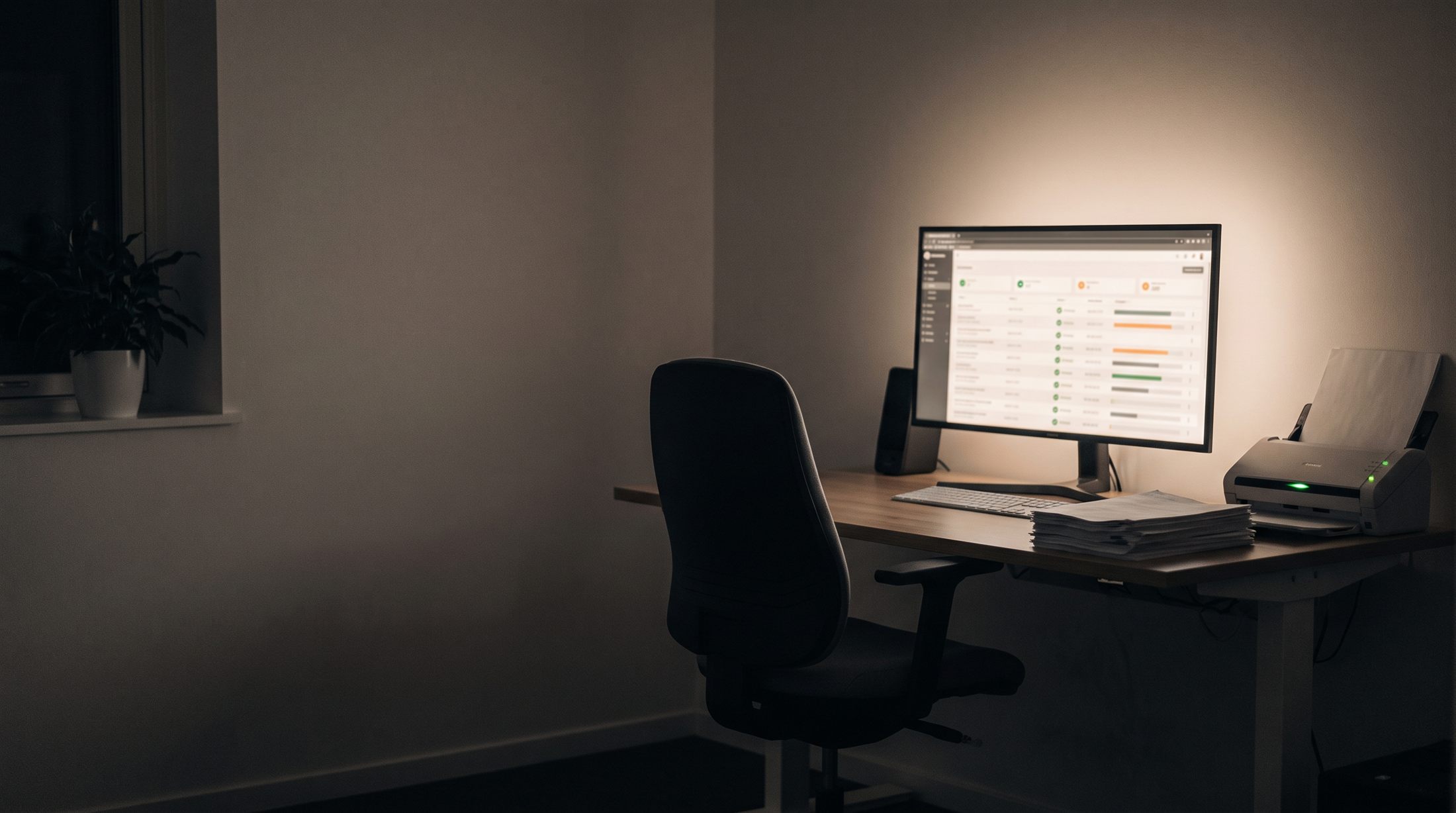 Arbeitsplatz mit Belegstapel, Dokumentenscanner und Monitor, auf dem Daten automatisch erfasst werden