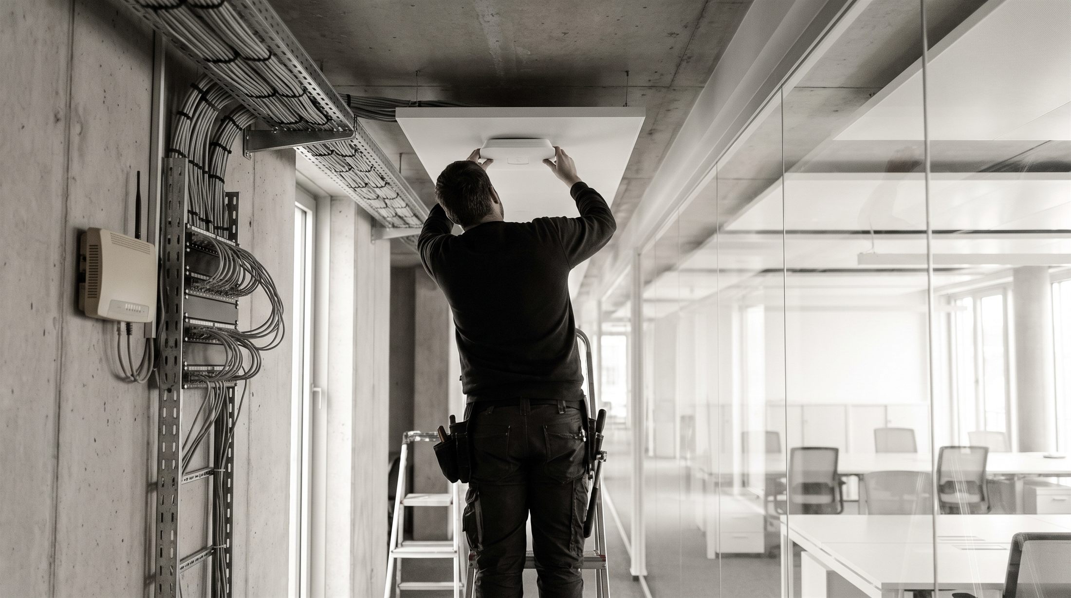 Sauber gelegte Netzwerkverkabelung mit Patchfeld, Router und Access Point in einem Büro