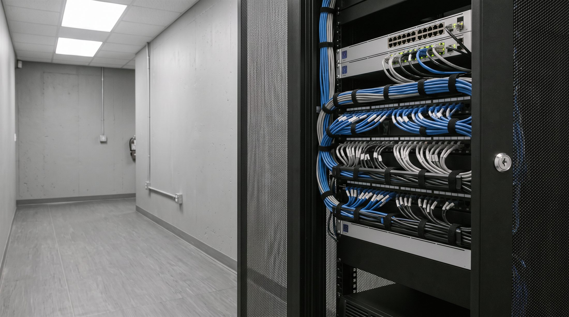 Verschlossener Serverschrank mit Netzwerktechnik und Statusleuchten als Sinnbild für IT-Sicherheit